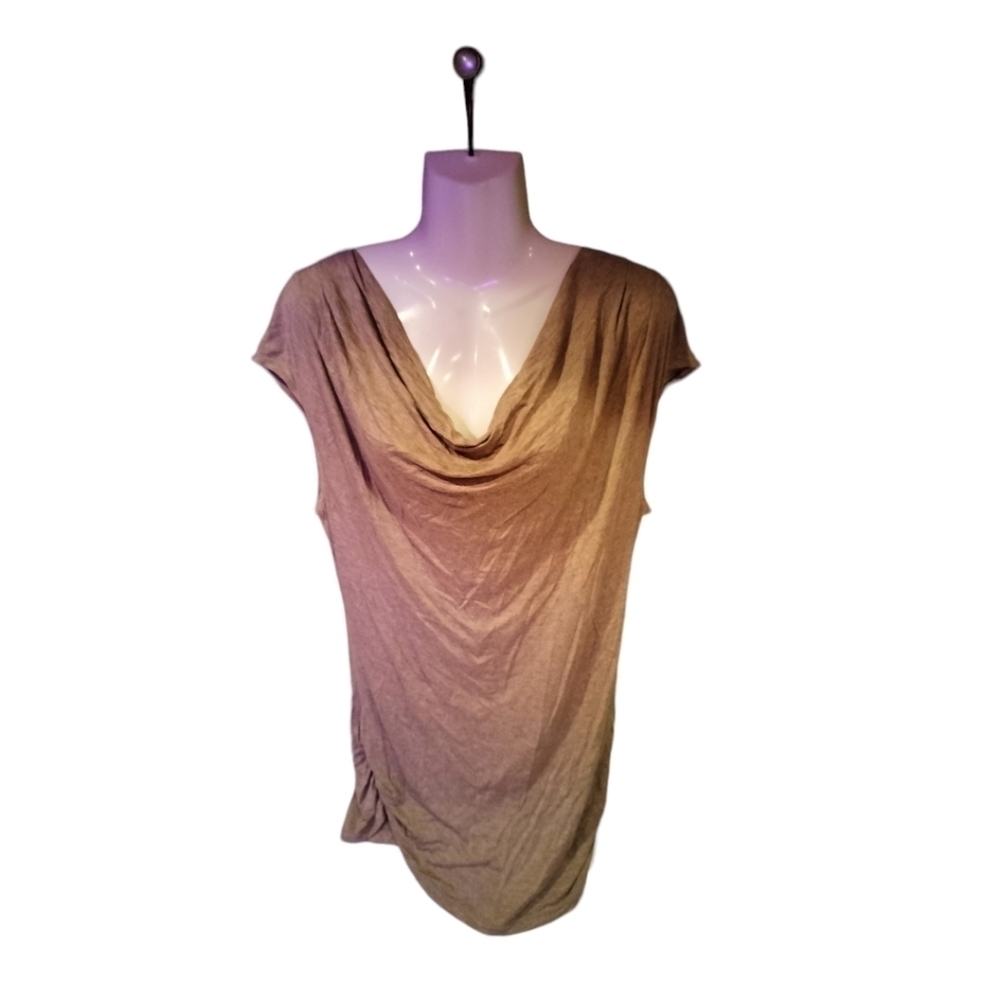 max edition beige large top soft knit draped neck front cap sleeve ruched sides
